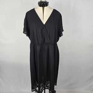 Bloomchic Dress Women's 3X Black Wrap Scalloped Trim Laser Cut Flutter Midi NWT